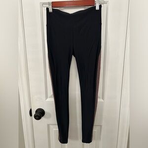Lanston Sport Size S Small Black Leggings with Brown Open Weave Panel on Legs